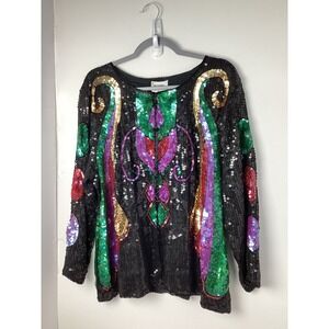 Vintage Royal 100% Silk Rainbow Sequin Sparkly Party Cardigan Jacket Mardi Gras